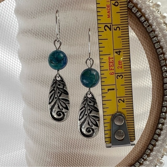 BLUE Peacock Turquoise Earrings with Teardrop Silver Charms - Picture 5 of 12